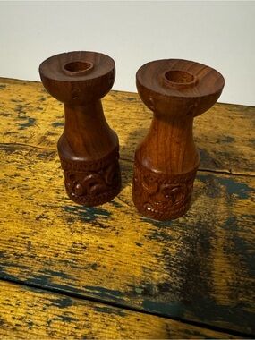 Hand-Carved Wooden Candle Holders - Brown